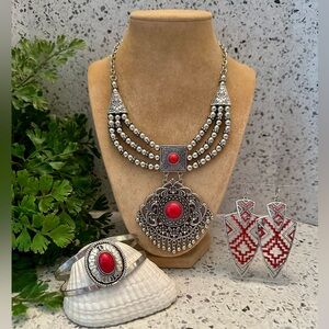 Aztec design red and silver jewelry set